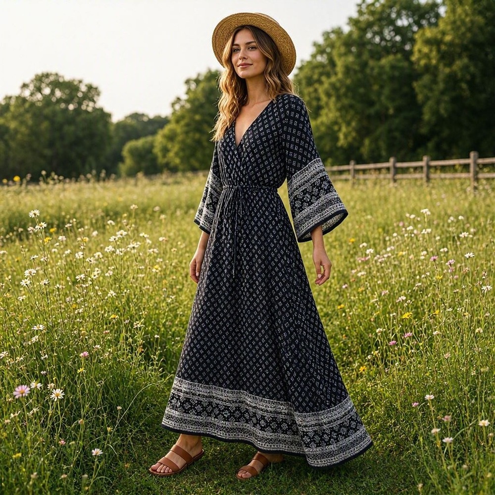 Dress Cottagecore Maxi Whimsigoth Boho Bohemian Festival Geometric Print L